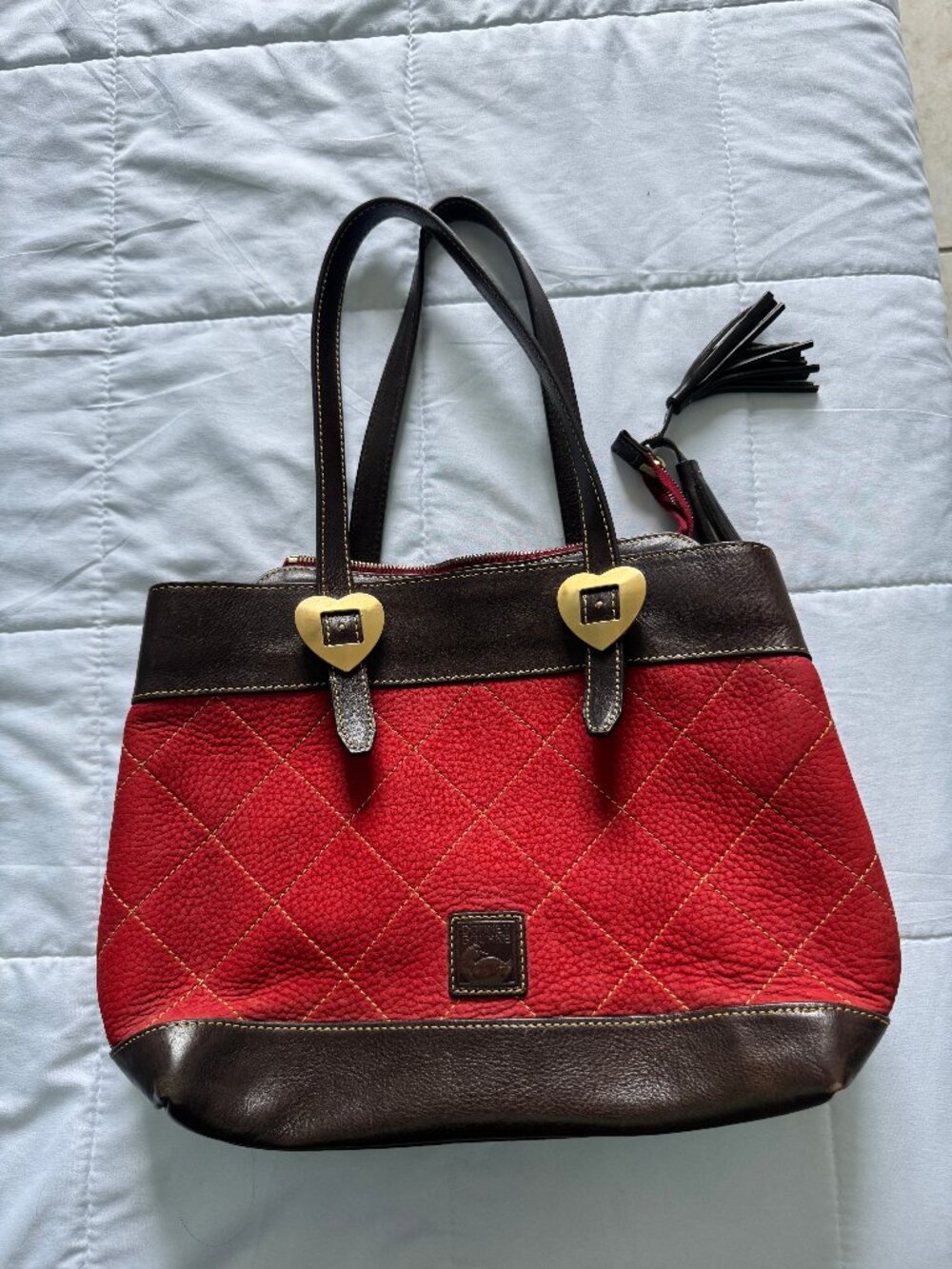 Dooney & Bourke Red Quilted Leather Tote Bag Brown Trim Heart Hardware Purse